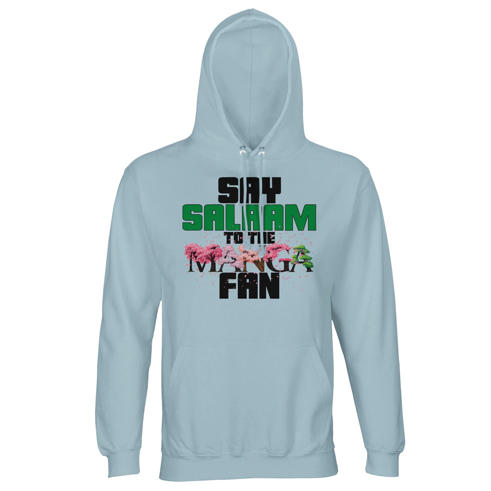 Say Salaam to the Manga Fan Original Part-Recycled Cotton-Poly Hoodie – Creamy Blue / Marble Blue featuring bold manga tree graphics in black and red with cherry-petal accents. A soft, sustainable hooded jumper for Muslim manga lovers into Bleach, Naruto, Dragon Ball Z, One Piece and MangaGo. Modest unisex streetwear with a pop culture twist and subtle pastel flair. Panel-heavy but easy-wearing – made for birthdays, Eid, anime events or any moment that deserves an Islamic hello in calm wearable tones.