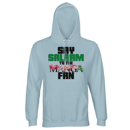 Say Salaam to the Manga Fan Original Part-Recycled Cotton-Poly Hoodie – Creamy Blue / Marble Blue featuring bold manga tree graphics in black and red with cherry-petal accents. A soft, sustainable hooded jumper for Muslim manga lovers into Bleach, Naruto, Dragon Ball Z, One Piece and MangaGo. Modest unisex streetwear with a pop culture twist and subtle pastel flair. Panel-heavy but easy-wearing – made for birthdays, Eid, anime events or any moment that deserves an Islamic hello in calm wearable tones.