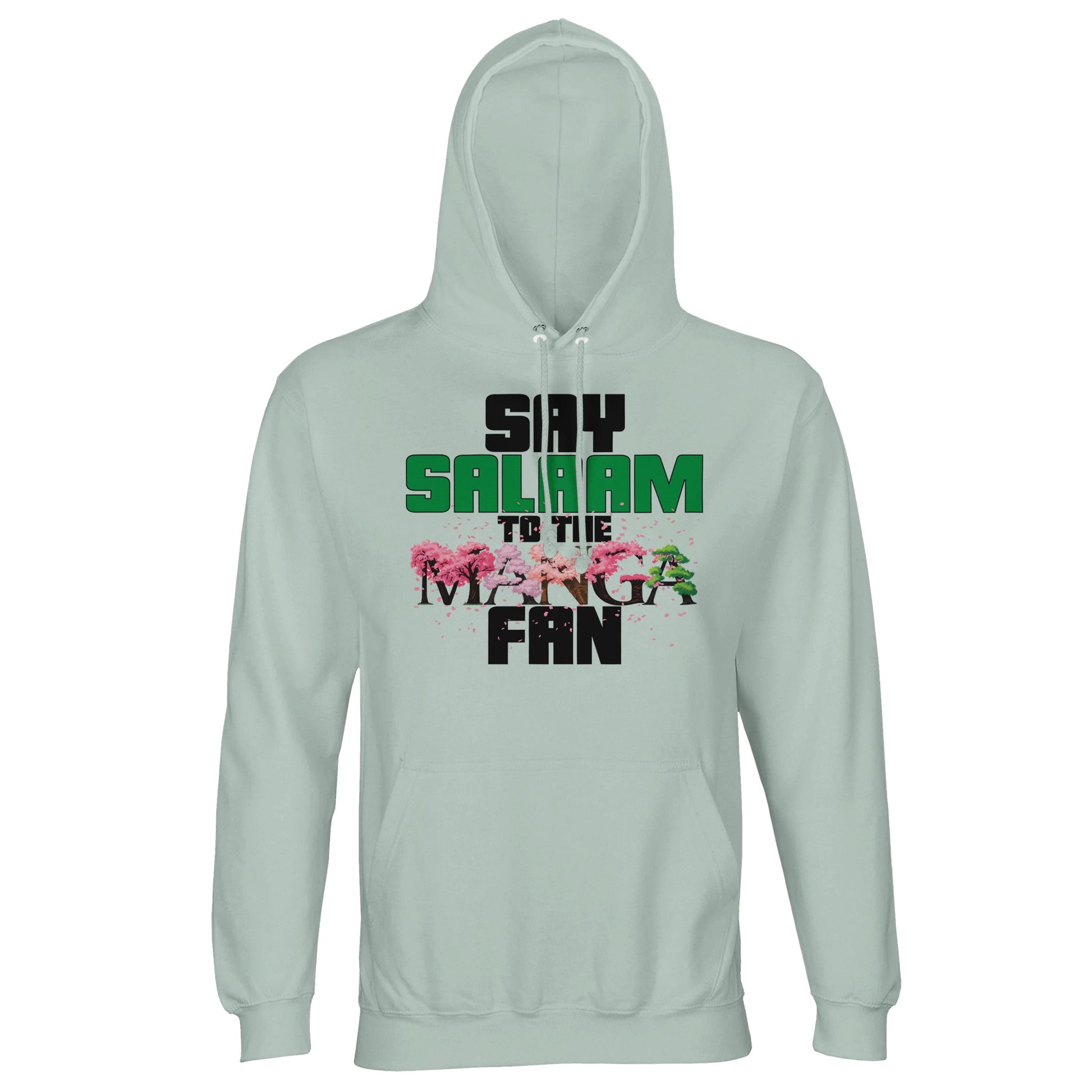 Say Salaam to the Manga Fan Original Part-Recycled Cotton-Poly Hoodie – Creamy Green / Greenish Grey featuring bold manga-style tree text in black and red. Designed for anime buyers of Dragon Ball Z, Naruto, One Piece, Bleach and MangaGo who prefer modest wearable fashion with pop culture depth. Sustainable pullover hooded jumper made for manga readers, halal cosplayers, or Islamic streetwear collectors. It’s more Japanese panel than pastel — with softness and spirit stitched in. Ideal for birthdays or Eid.