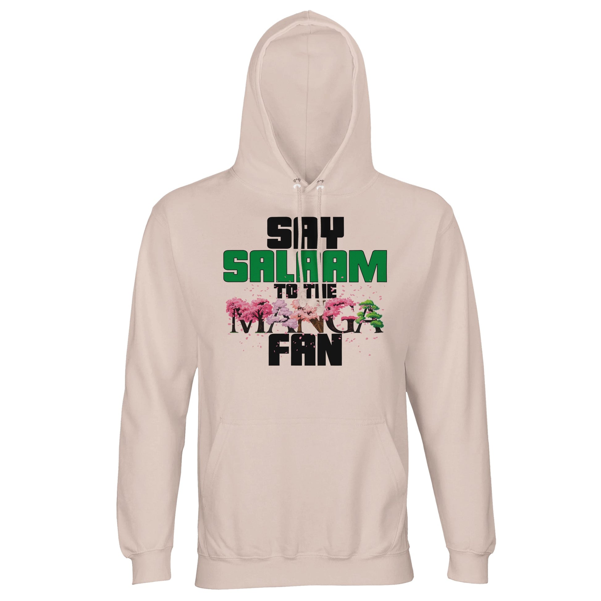 Say Salaam to the Manga Fan Original Part-Recycled Cotton-Poly Hoodie – Creamy Pink / Oyster Pink featuring standout manga-style tree lettering in bold black and cherry tones. A modest anime hooded jumper for Muslim fans of MangaGo, Death Note, Dragon Ball Z and cosplay days. Designed for unisex manga fashion lovers who care about softness, sustainability, and streetwear style. Not your average kawaii pastel - this is layered, cultural + panel-perfect for Eid presents, colleague gifts or birthday surprises.