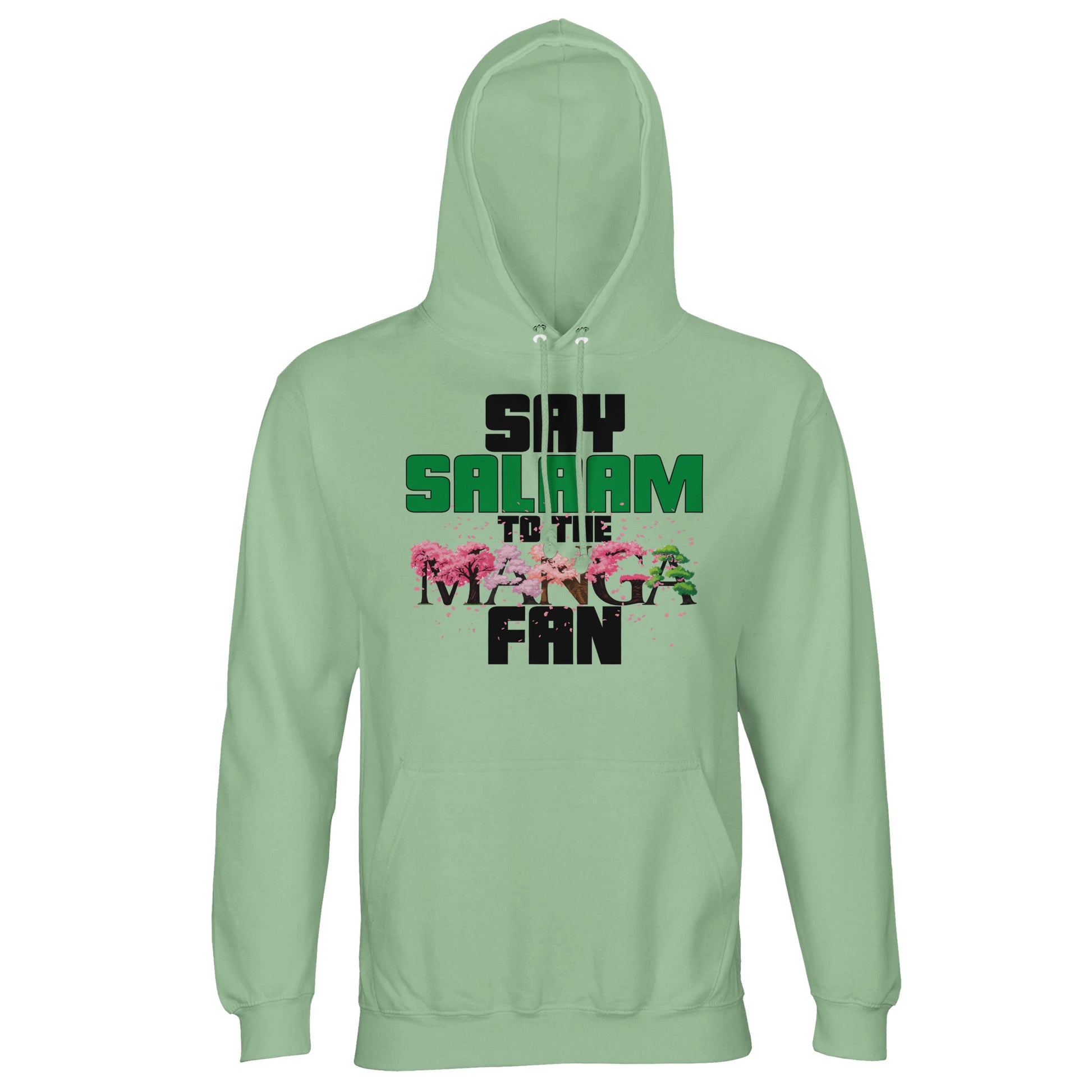 Say Salaam to the Manga Fan Original Part-Recycled Cotton-Poly Hoodie – Frozen Green / Opal featuring dynamic black and red manga tree lettering across a muted green base. Perfect for modest Muslim anime fans of One Piece, Bleach, Naruto, Death Note, Dragon Ball Z and MangaGo. Made for cosplayers, collectors, and those who speak in subtitles. Streetwear with softness, sustainability, and full-panel expression. This is comic fashion to wear with an Islamic hello + zero fluff. Great as Eid and birthday gifts.