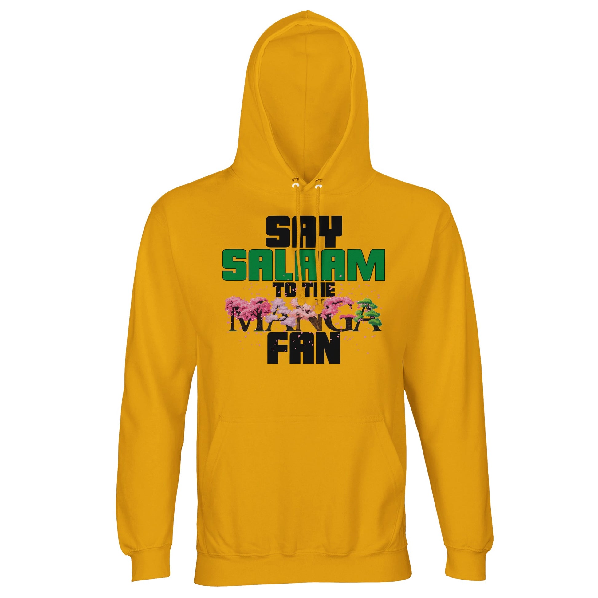 Say Salaam to the Manga Fan Original Part-Recycled Cotton-Poly Hoodie – Gold / Gamboge featuring bold manga tree lettering in striking red and black. Made for modest anime lovers who rep One Piece, Bleach, Dragon Ball Z, MangaGo and the Islamic hello. Unisex, sustainable, and Eid-giftable cosplay-casual fashion stitched with warmth and word bubbles. Not just for readers – for believers in the panel. Hooded jumper or pullover soft enough for Jummah, cool enough for Comic-Con. Halal with wearable heat.