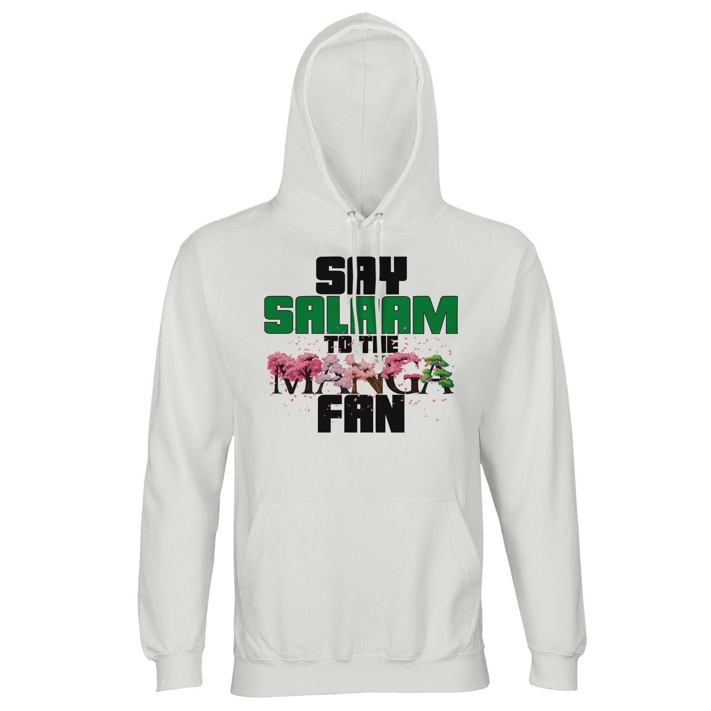 Say Salaam to the Manga Fan Original Part-Recycled Cotton-Poly Hoodie – White / Platinum featuring dynamic text-based  manga tree lettering. A graphic pullover for fans of One Piece, Death Note, Naruto, Bleach, Dragon Ball Z and MangaGo. Long sleeve hooded top for Muslim anime fans, cosplay dressers, or anyone who reads between episodes. Modest Japanese pop culture streetwear that’s soft, sustainable, and all about the panels. for boys, girls, unisex and all genders who like the Islamic hello. Apt for Eid.