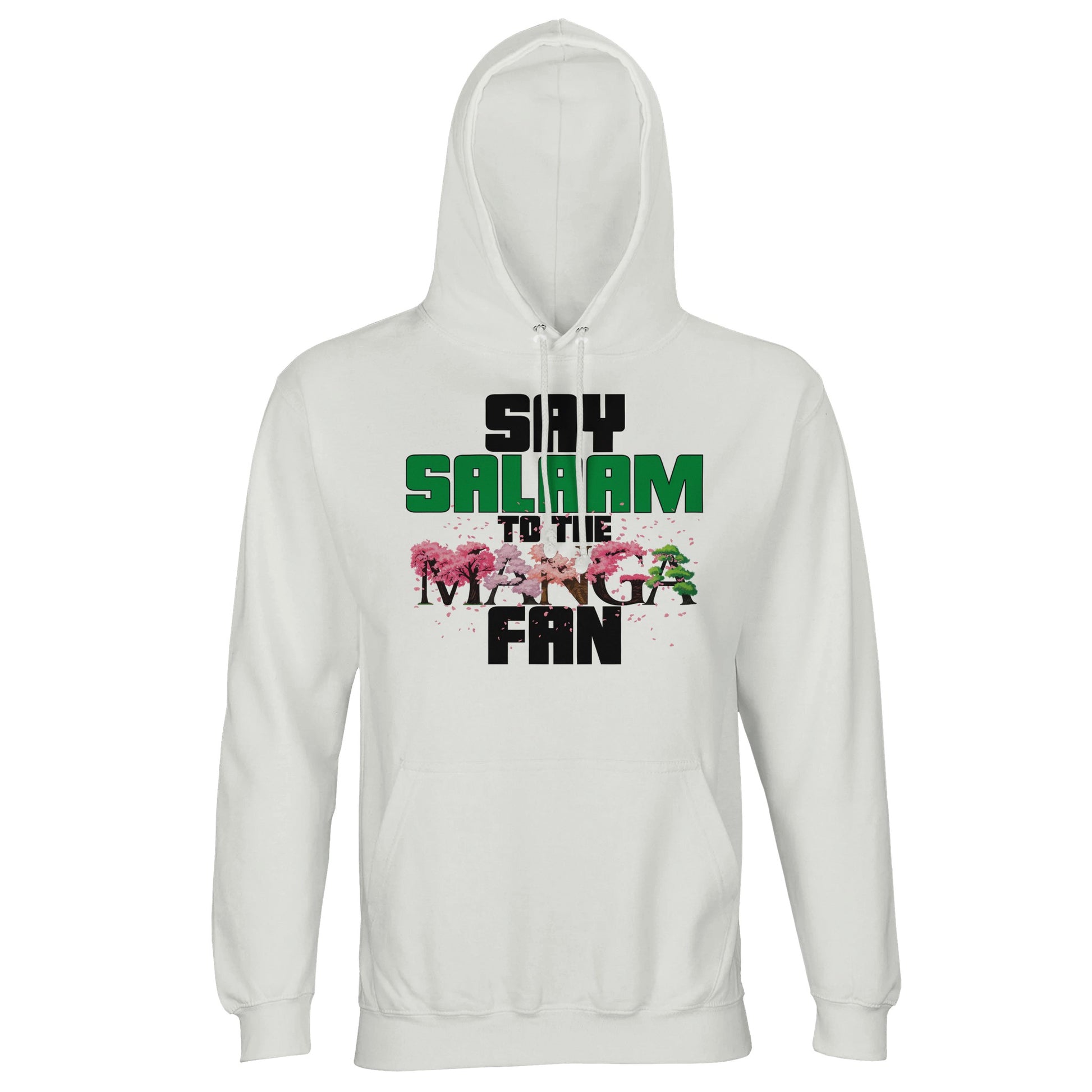 Say Salaam to the Manga Fan Original Part-Recycled Cotton-Poly Hoodie – White / Platinum featuring dynamic text-based  manga tree lettering. A graphic pullover for fans of One Piece, Death Note, Naruto, Bleach, Dragon Ball Z and MangaGo. Long sleeve hooded top for Muslim anime fans, cosplay dressers, or anyone who reads between episodes. Modest Japanese pop culture streetwear that’s soft, sustainable, and all about the panels. for boys, girls, unisex and all genders who like the Islamic hello. Apt for Eid.