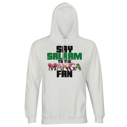 Say Salaam to the Manga Fan Original Part-Recycled Cotton-Poly Hoodie – White / Platinum featuring dynamic text-based  manga tree lettering. A graphic pullover for fans of One Piece, Death Note, Naruto, Bleach, Dragon Ball Z and MangaGo. Long sleeve hooded top for Muslim anime fans, cosplay dressers, or anyone who reads between episodes. Modest Japanese pop culture streetwear that’s soft, sustainable, and all about the panels. for boys, girls, unisex and all genders who like the Islamic hello. Apt for Eid.