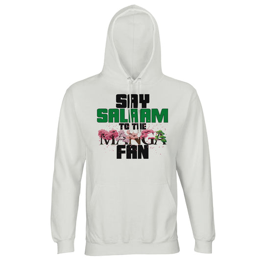 Say Salaam to the Manga Fan Original Part-Recycled Cotton-Poly Hoodie – White / Platinum featuring dynamic text-based  manga tree lettering. A graphic pullover for fans of One Piece, Death Note, Naruto, Bleach, Dragon Ball Z and MangaGo. Long sleeve hooded top for Muslim anime fans, cosplay dressers, or anyone who reads between episodes. Modest Japanese pop culture streetwear that’s soft, sustainable, and all about the panels. for boys, girls, unisex and all genders who like the Islamic hello. Apt for Eid.