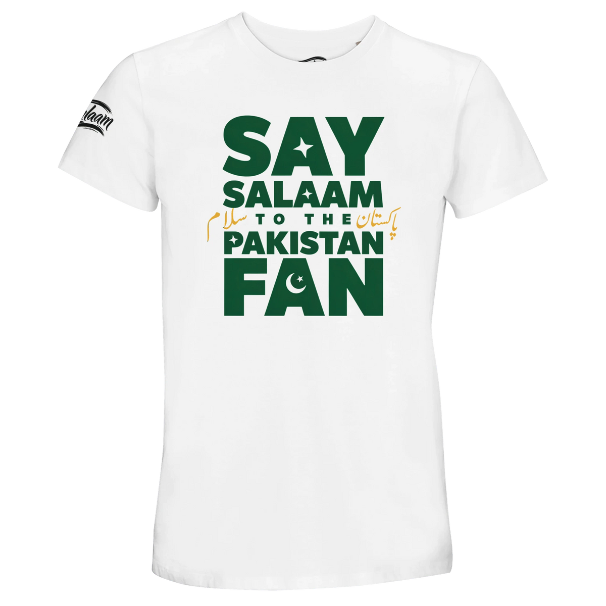 Say Salaam to the Pakistan Fan Design #1 Recycled Unisex Cotton T-shirt – White / Platinum. A White / Platinum T-shirt with the Say Salaam message for Pakistan fans. A casual supporter design suited to matchday gatherings, weekend clothing and thoughtful gifts.