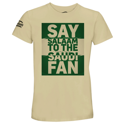 Say Salaam to the Saudi Fan Design #1 Recycled Unisex Cotton T-shirt – Natural / Moon Mist / Satin Linen. A Natural / Moon Mist / Satin Linen T-shirt with the Say Salaam message for Saudi fans. A casual supporter design suited to matchday gatherings, weekend clothing and thoughtful gifts.