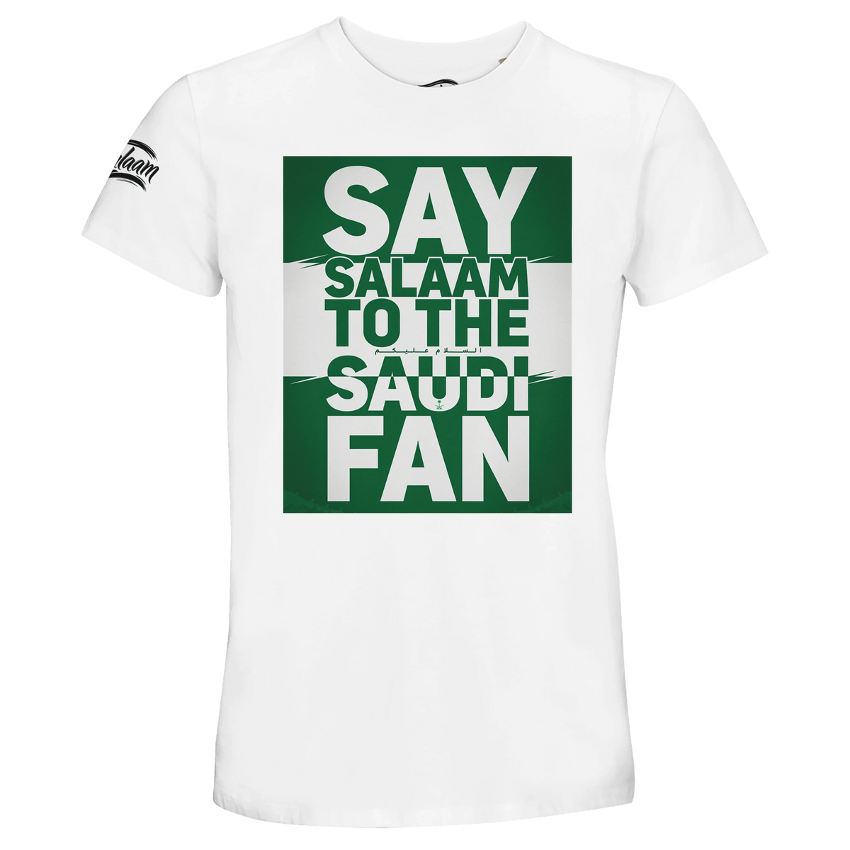 Say Salaam to the Saudi Fan Design #1 Recycled Unisex Cotton T-shirt – White / Platinum. A White / Platinum T-shirt with the Say Salaam message for Saudi fans. A casual supporter design suited to matchday gatherings, weekend clothing and thoughtful gifts.