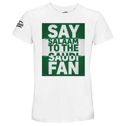 Say Salaam to the Saudi Fan Design #1 Recycled Unisex Cotton T-shirt – White / Platinum. A White / Platinum T-shirt with the Say Salaam message for Saudi fans. A casual supporter design suited to matchday gatherings, weekend clothing and thoughtful gifts.