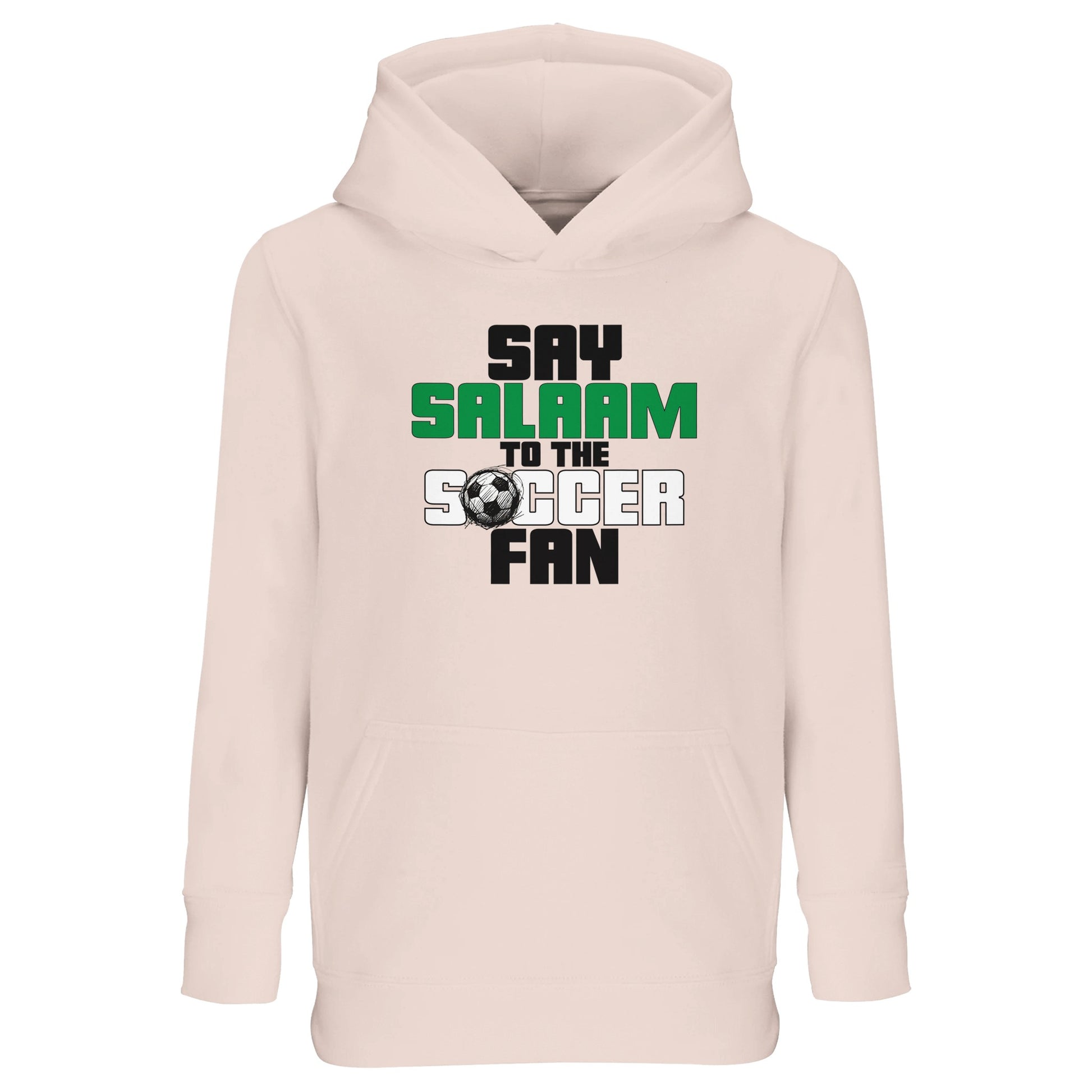 Say Salaam to the Soccer Fan Original Part-Recycled Cotton-Poly Kids Hoodie – Creamy Pink / Oyster Pink with sporty typography in black, La Salle Green and Matchball Grey. Designed for Muslim girls (or boys) into Major League Soccer, footie streams, and kickabouts between salah and snow. Warm enough for cold weather kickabouts, soft enough for post-match naps, this modest football hooded top blends fandom with comfort. A stylish pullover for Eid gifts, school tournaments or football-loving siblings.