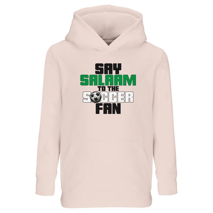 Say Salaam to the Soccer Fan Original Part-Recycled Cotton-Poly Kids Hoodie – Creamy Pink / Oyster Pink with sporty typography in black, La Salle Green and Matchball Grey. Designed for Muslim girls (or boys) into Major League Soccer, footie streams, and kickabouts between salah and snow. Warm enough for cold weather kickabouts, soft enough for post-match naps, this modest football hooded top blends fandom with comfort. A stylish pullover for Eid gifts, school tournaments or football-loving siblings.