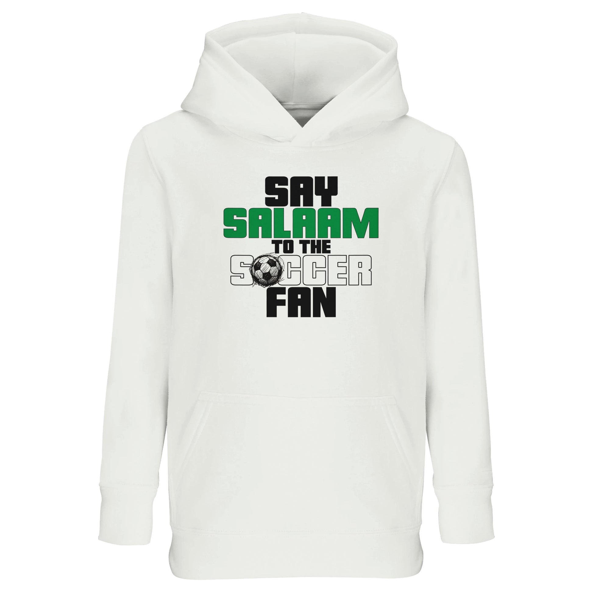 Say Salaam to the Soccer Fan Original Part-Recycled Cotton-Poly Kids Hoodie – White / Platinum with bold black, La Salle Green and Matchball Grey lettering across the chest. A modest football hooded top for Muslim boys, girls and unisex kids who follow Major League Soccer, watch Soccer Aid and stay warm post-prayer. This cotton-poly jumper with a hood is ideal for fans who kick around in cold weather or replay highlight reels. A soft, sustainable pullover for match day, suhoor, or the school soccer team.
