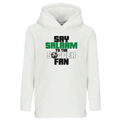 Say Salaam to the Soccer Fan Original Part-Recycled Cotton-Poly Kids Hoodie – White / Platinum with bold black, La Salle Green and Matchball Grey lettering across the chest. A modest football hooded top for Muslim boys, girls and unisex kids who follow Major League Soccer, watch Soccer Aid and stay warm post-prayer. This cotton-poly jumper with a hood is ideal for fans who kick around in cold weather or replay highlight reels. A soft, sustainable pullover for match day, suhoor, or the school soccer team.