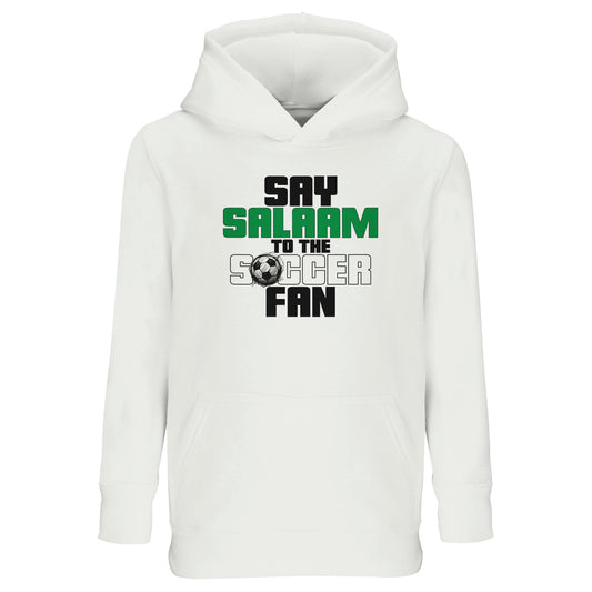 Say Salaam to the Soccer Fan Original Part-Recycled Cotton-Poly Kids Hoodie – White / Platinum with bold black, La Salle Green and Matchball Grey lettering across the chest. A modest football hooded top for Muslim boys, girls and unisex kids who follow Major League Soccer, watch Soccer Aid and stay warm post-prayer. This cotton-poly jumper with a hood is ideal for fans who kick around in cold weather or replay highlight reels. A soft, sustainable pullover for match day, suhoor, or the school soccer team.