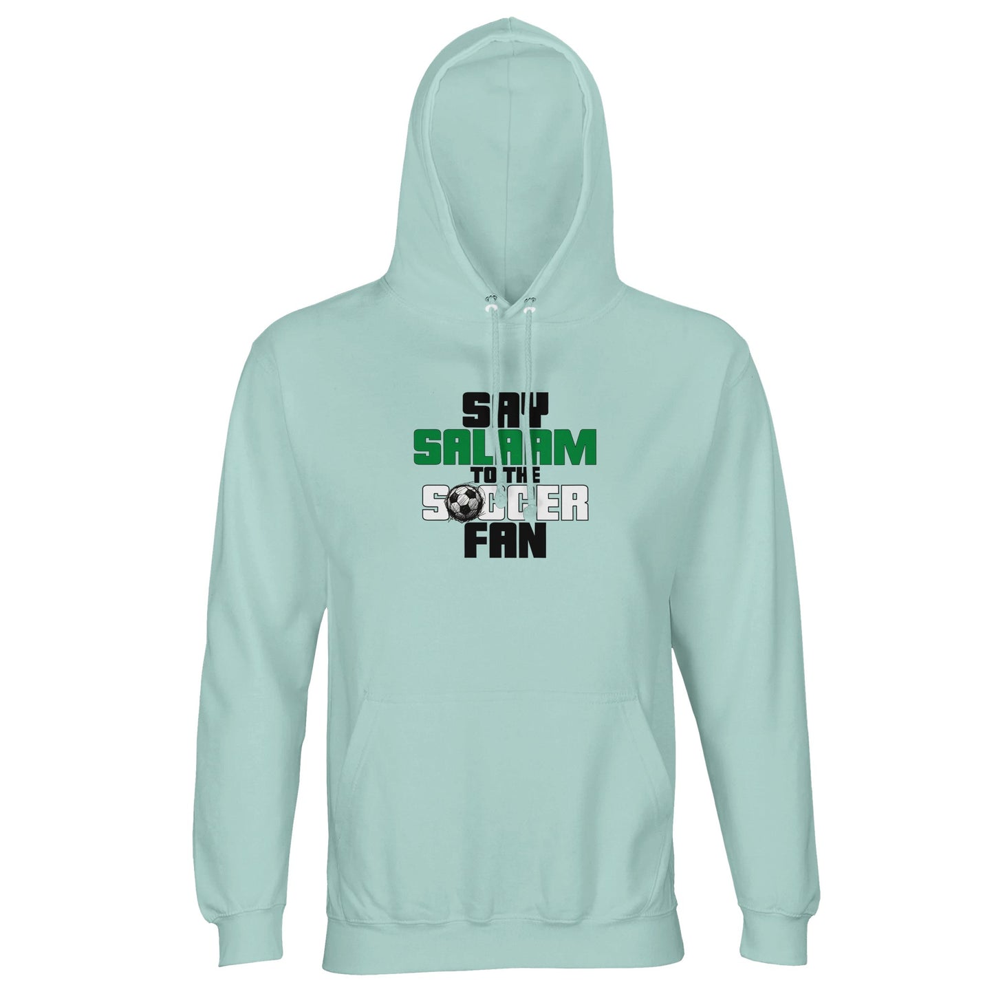 Say Salaam to the Soccer Fan Original Part-Recycled Unisex Cotton-Poly Hoodie – Arctic Blue / Cadet Blue with Black, La Salle Green and Classic Matchball Grey text. This soft, sustainable hoodie is perfect for football streamers, kit collectors and Soccer Aid watchers who prefer calm colour palettes and a modest fit. Whether you post in Reddit soccer threads or wear your fandom with focus, this hooded jumper is wearable for stadium attendances, brawls with away fans, prayer breaks and post-match hangouts.