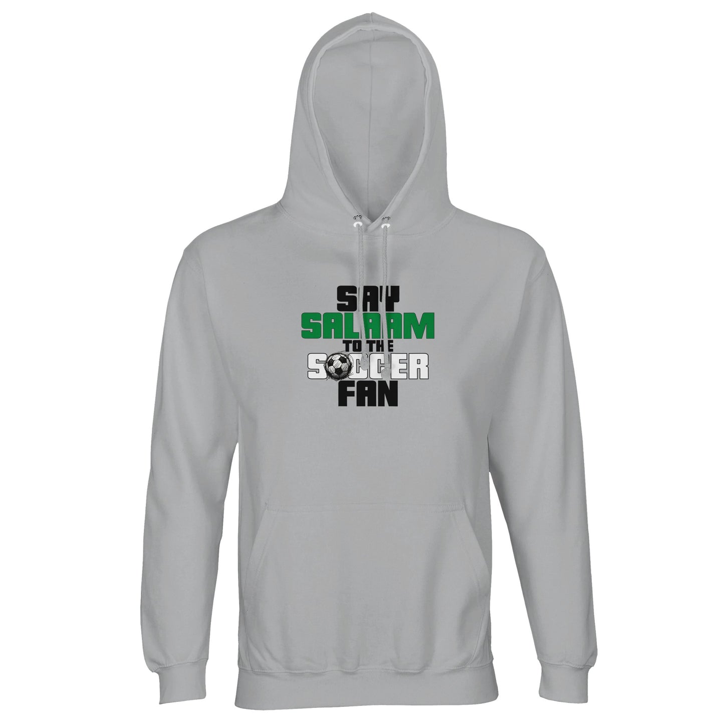 Say Salaam to the Soccer Fan Original Part-Recycled Unisex Cotton-Poly Hoodie – Ash / Silver Chalice featuring clean text in Black, La Salle Green and Matchball Grey. This minimalist hoodie is great for Reddit soccer streamers, Soccer Aid watchers or prayer-time kit swappers. For Muslims who love the beautiful game and want to rep it modestly – from team hooded tops to highlight clips – this is a stylish, wearable, cool-toned classic built for stadium tours, 5-a-side tournaments and the football shop visit.