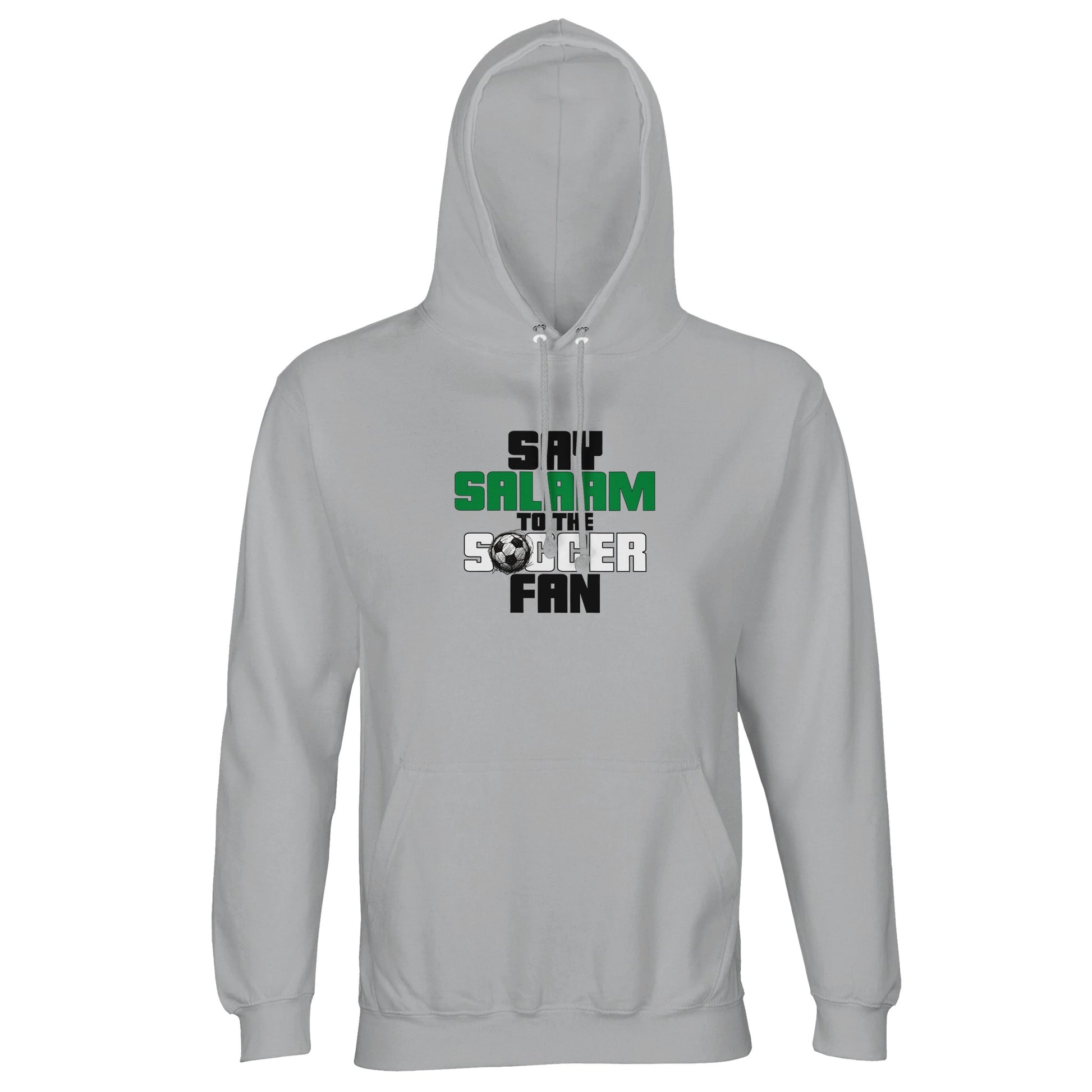 Say Salaam to the Soccer Fan Original Part-Recycled Unisex Cotton-Poly Hoodie – Ash / Silver Chalice featuring clean text in Black, La Salle Green and Matchball Grey. This minimalist hoodie is great for Reddit soccer streamers, Soccer Aid watchers or prayer-time kit swappers. For Muslims who love the beautiful game and want to rep it modestly – from team hooded tops to highlight clips – this is a stylish, wearable, cool-toned classic built for stadium tours, 5-a-side tournaments and the football shop visit.
