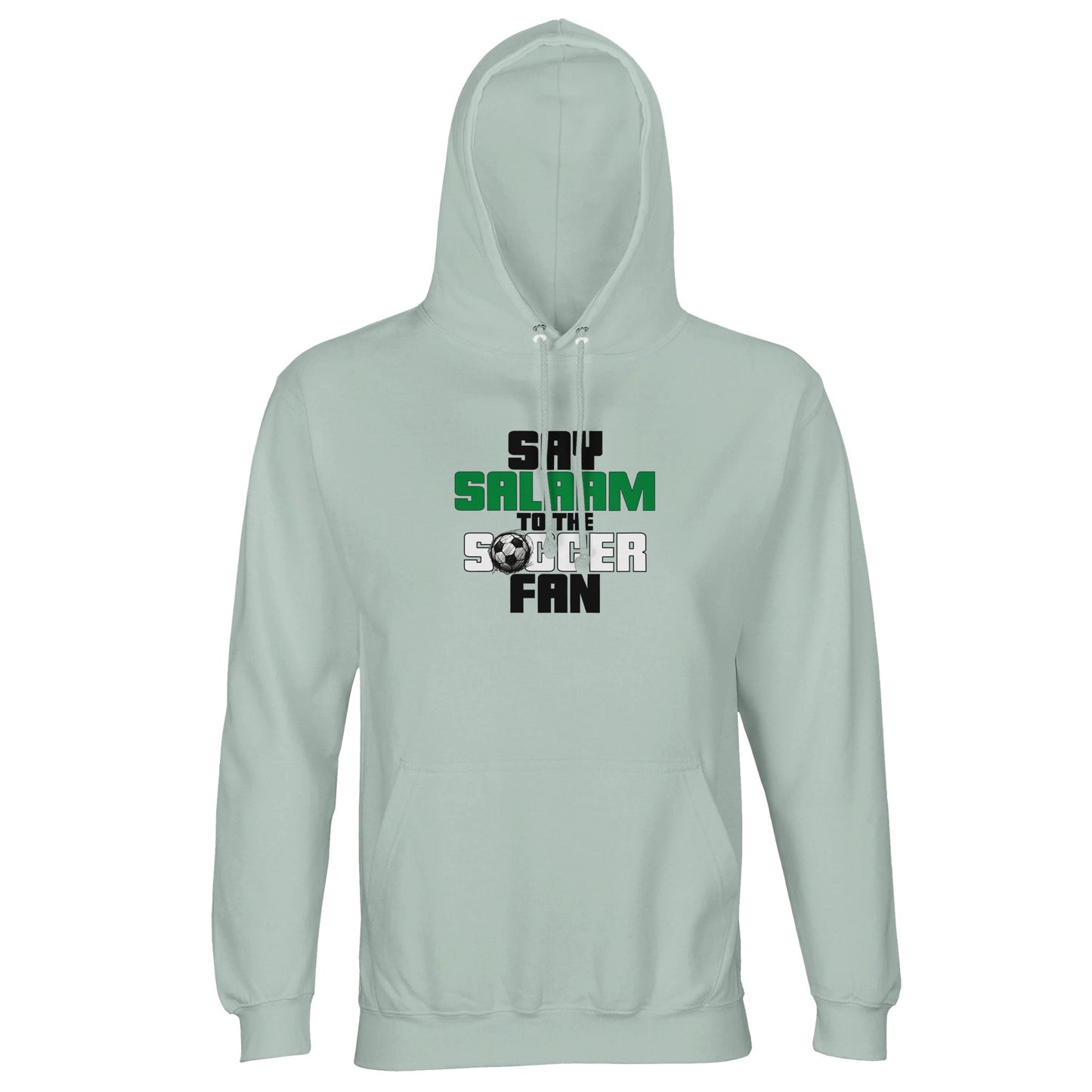 Say Salaam to the Soccer Fan Original Part-Recycled Unisex Cotton-Poly Hoodie – Creamy Green / Greenish Grey with bold soccer text in Black, La Salle Green and Matchball Grey. A comfy, modest hooded top for fans who stream matches on Reddit soccer, donate to Soccer Aid, or shop at football stores. Sustainable pullover for girls, boys or unisex dressers who live in club colours, track their team stats, and say assalamu alaikum between the goals. Made for footie fans with quiet style and pitch-side passion.
