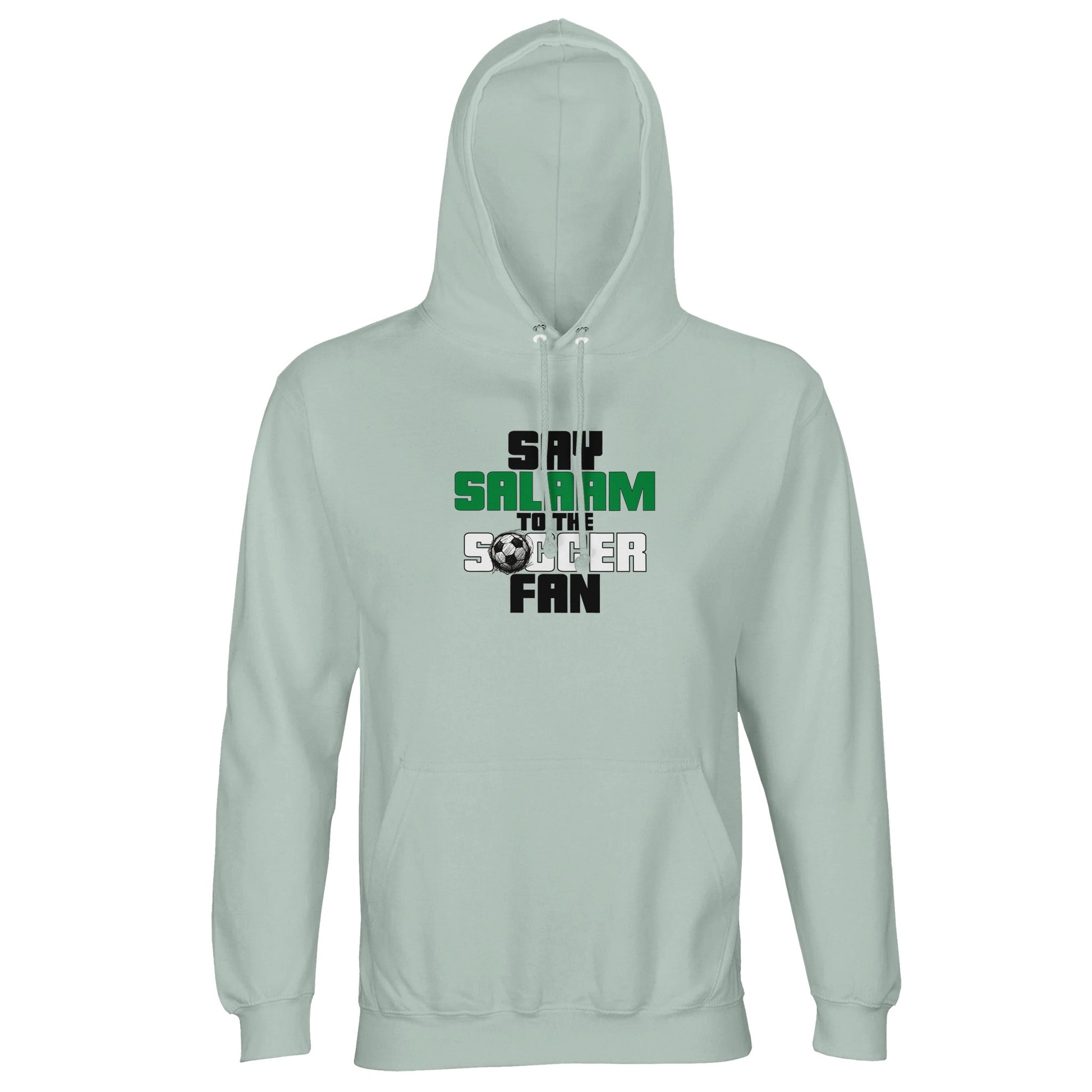 Say Salaam to the Soccer Fan Original Part-Recycled Unisex Cotton-Poly Hoodie – Creamy Green / Greenish Grey with bold soccer text in Black, La Salle Green and Matchball Grey. A comfy, modest hooded top for fans who stream matches on Reddit soccer, donate to Soccer Aid, or shop at football stores. Sustainable pullover for girls, boys or unisex dressers who live in club colours, track their team stats, and say assalamu alaikum between the goals. Made for footie fans with quiet style and pitch-side passion.