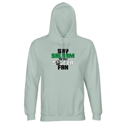 Say Salaam to the Soccer Fan Original Part-Recycled Unisex Cotton-Poly Hoodie – Creamy Green / Greenish Grey with bold soccer text in Black, La Salle Green and Matchball Grey. A comfy, modest hooded top for fans who stream matches on Reddit soccer, donate to Soccer Aid, or shop at football stores. Sustainable pullover for girls, boys or unisex dressers who live in club colours, track their team stats, and say assalamu alaikum between the goals. Made for footie fans with quiet style and pitch-side passion.