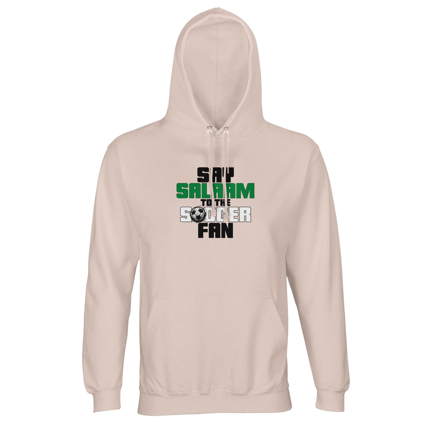 Say Salaam to the Soccer Fan Original Part-Recycled Unisex Cotton-Poly Hoodie – Creamy Pink / Oyster Pink featuring strong graphic football design in Black, La Salle Green and Classic Matchball Grey. Built for streaming, Soccer Aid, Reddit soccer streams, or wearing to Premier League matches. This stylish pastel hooded top is for modest dressers who follow scores, stats and kits. A football shop-style piece for Muslim fans who like their goals halal and their gear soft, sustainable and wearable.