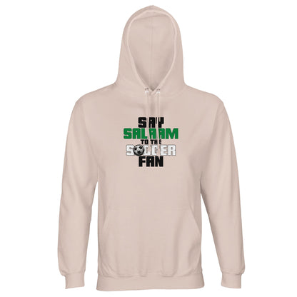 Say Salaam to the Soccer Fan Original Part-Recycled Unisex Cotton-Poly Hoodie – Creamy Pink / Oyster Pink featuring strong graphic football design in Black, La Salle Green and Classic Matchball Grey. Built for streaming, Soccer Aid, Reddit soccer streams, or wearing to Premier League matches. This stylish pastel hooded top is for modest dressers who follow scores, stats and kits. A football shop-style piece for Muslim fans who like their goals halal and their gear soft, sustainable and wearable.