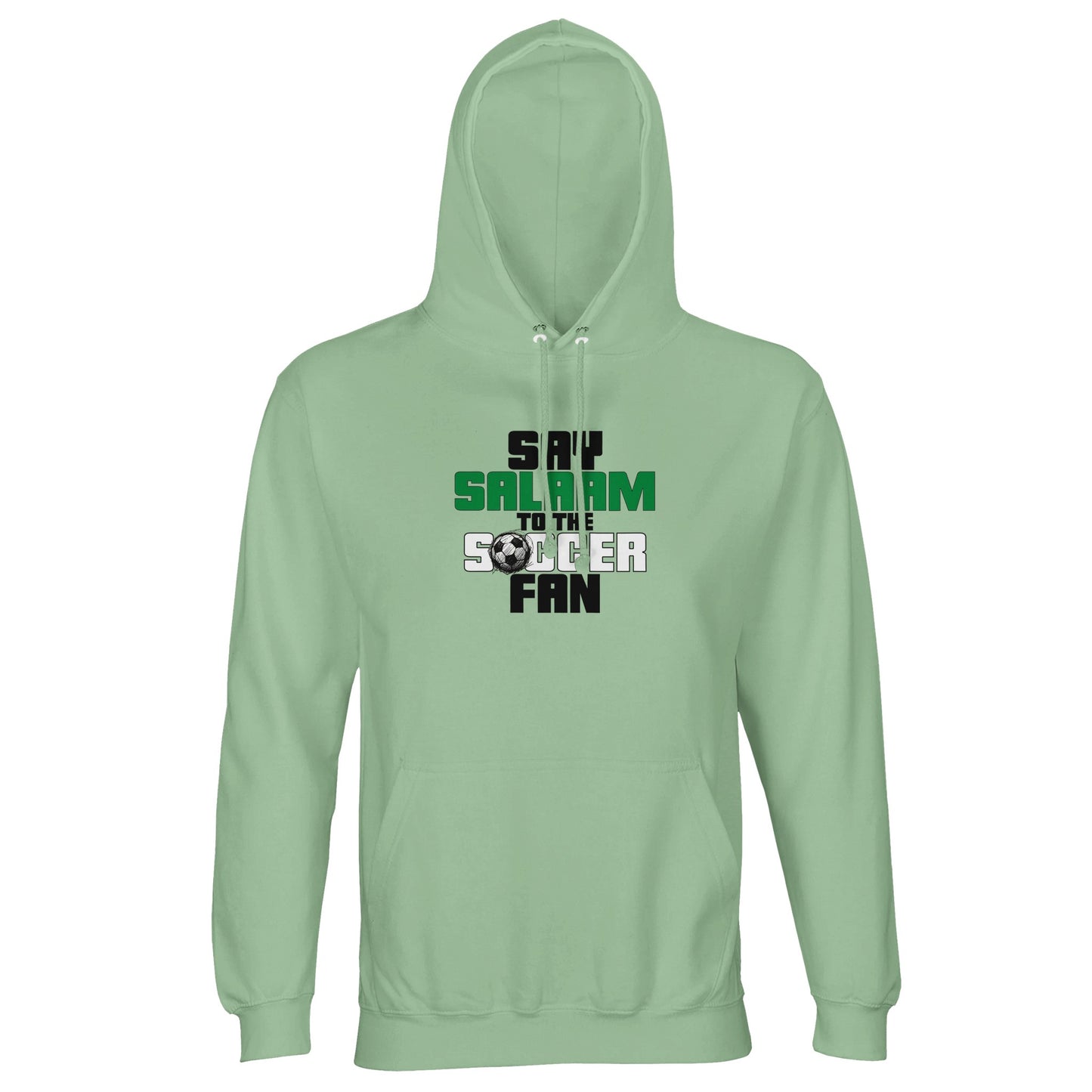 Say Salaam to the Soccer Fan Original Part-Recycled Unisex Cotton-Poly Hoodie – Frozen Green / Opal featuring text-led design in Black, La Salle Green and Matchball Grey. This cool-toned pullover is perfect for streaming Soccer Aid, scrolling Reddit soccer scores or chilling after training. Made for modest supporters and viewers of the big UCL matches, this sustainable hooded top fits school runs, post-match snacks and everything in between. To be bought with football shop energy via an Islamic hello.