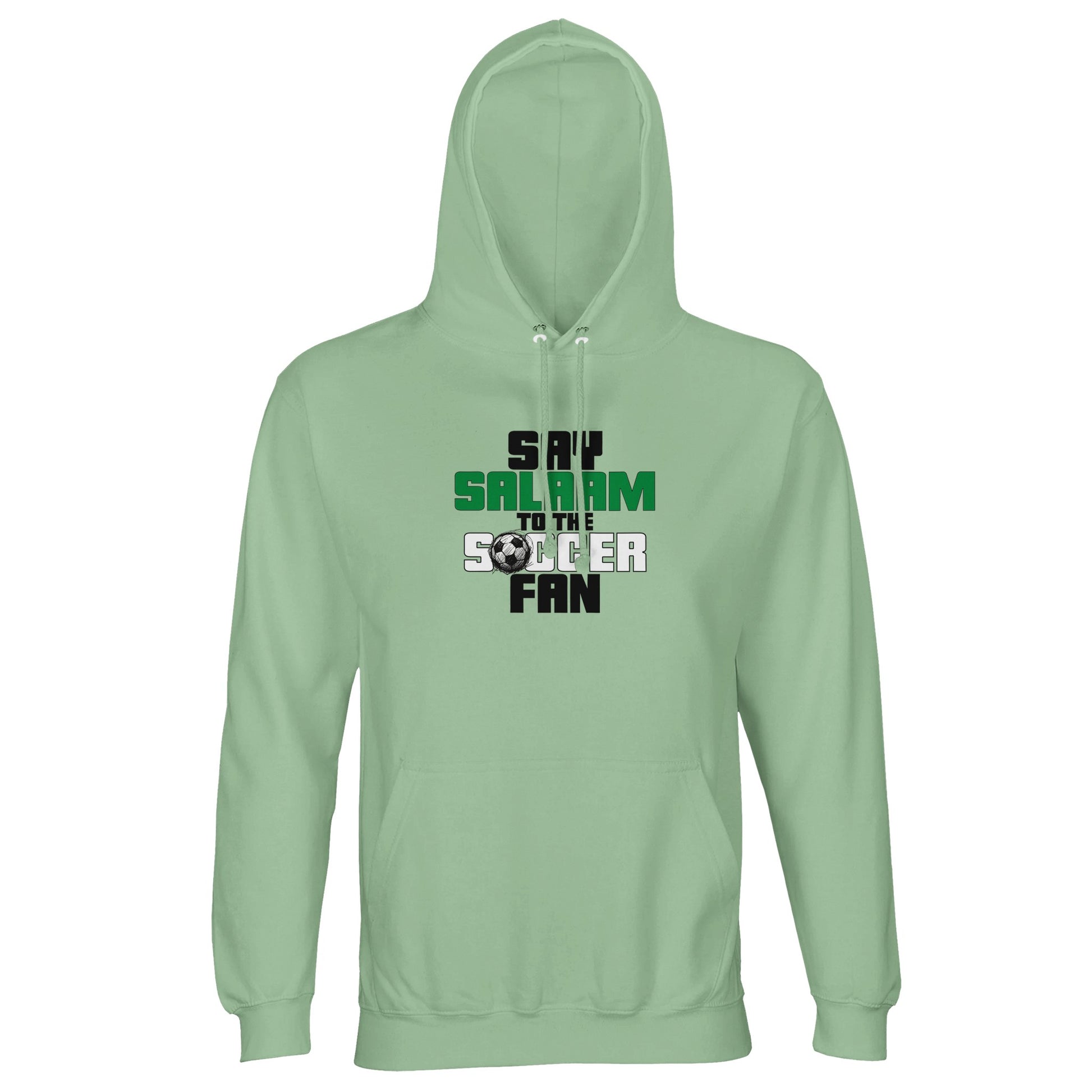 Say Salaam to the Soccer Fan Original Part-Recycled Unisex Cotton-Poly Hoodie – Frozen Green / Opal featuring text-led design in Black, La Salle Green and Matchball Grey. This cool-toned pullover is perfect for streaming Soccer Aid, scrolling Reddit soccer scores or chilling after training. Made for modest supporters and viewers of the big UCL matches, this sustainable hooded top fits school runs, post-match snacks and everything in between. To be bought with football shop energy via an Islamic hello.