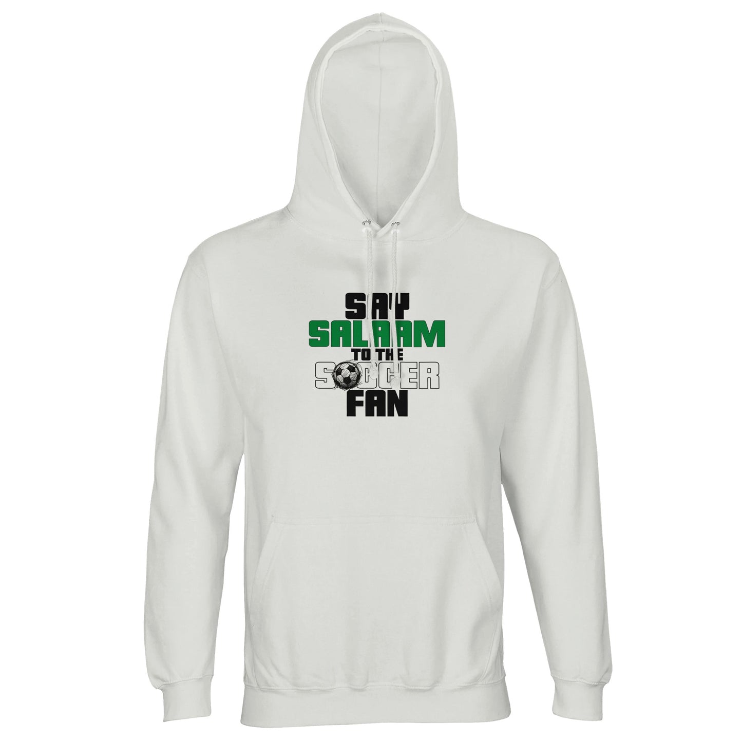 Say Salaam to the Soccer Fan Original Part-Recycled Unisex Cotton-Poly Hoodie – White / Platinum featuring bold, text-led design in Black, La Salle Green and Classic Matchball Grey. This minimalist hooded top is for fans into Soccer Aid, Reddit soccer debates and streaming late-night replays. A modest footie jumper with hood for Muslim supporters who live in comfy teamwear, track their club's kit drops, and cheer from sofas and stands. Ideal for casual sportswear gifts, football shops or everyday wear.