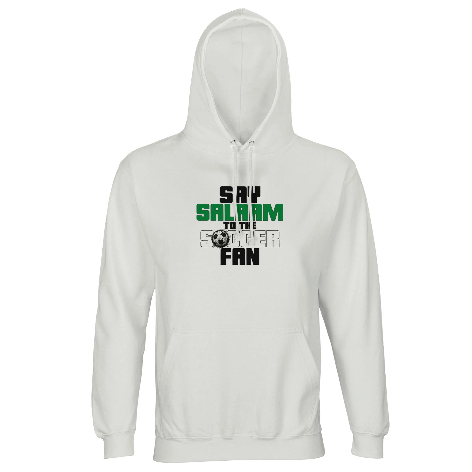 Say Salaam to the Soccer Fan Original Part-Recycled Unisex Cotton-Poly Hoodie – White / Platinum featuring bold, text-led design in Black, La Salle Green and Classic Matchball Grey. This minimalist hooded top is for fans into Soccer Aid, Reddit soccer debates and streaming late-night replays. A modest footie jumper with hood for Muslim supporters who live in comfy teamwear, track their club's kit drops, and cheer from sofas and stands. Ideal for casual sportswear gifts, football shops or everyday wear.