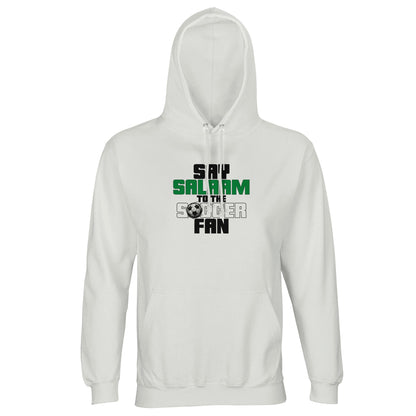 Say Salaam to the Soccer Fan Original Part-Recycled Unisex Cotton-Poly Hoodie – White / Platinum featuring bold, text-led design in Black, La Salle Green and Classic Matchball Grey. This minimalist hooded top is for fans into Soccer Aid, Reddit soccer debates and streaming late-night replays. A modest footie jumper with hood for Muslim supporters who live in comfy teamwear, track their club's kit drops, and cheer from sofas and stands. Ideal for casual sportswear gifts, football shops or everyday wear.