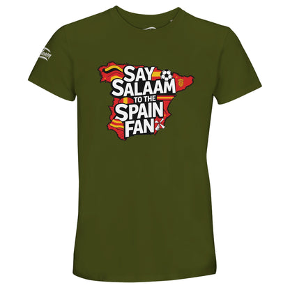 Say Salaam to the Spain Fan Design #1 50% Recycled Unisex Cotton T-Shirt – Army. A Say Salaam graphic T-shirt for Spain supporters in Army. Its fan slogan makes an alternative to conventional club merchandise for casual outfits, matchday gatherings and football-themed gifts.