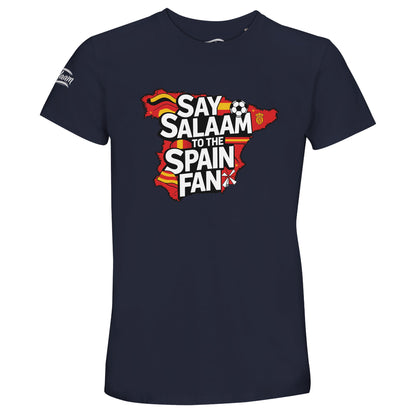 Say Salaam to the Spain Fan Design #1 50% Recycled Unisex Cotton T-Shirt – French Navy / Ebony Clay. A Say Salaam graphic T-shirt for Spain supporters in French Navy / Ebony Clay. Its fan slogan makes an alternative to conventional club merchandise for casual outfits, matchday gatherings and football-themed gifts.