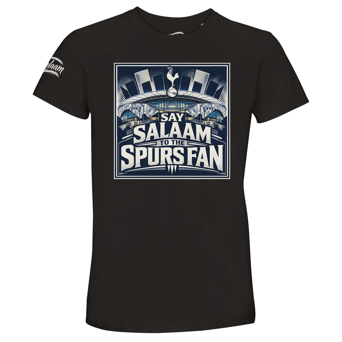 Say Salaam to the Spurs Fan, Design #2, on a Deep Black 50% recycled unisex cotton T-shirt. The Deep Black shade is also described as jet black, charcoal and Zeus black. Front-view mock-up showing the Say Salaam fan graphic printed on a short-sleeved crew-neck tee. For Tottenham Hotspur FC and Spurs fans. Casual unisex graphic clothing for men and women, modest Muslim streetwear, everyday fashion and themed presents. Suitable for weekends, matchdays, birthdays and Eid gifts.