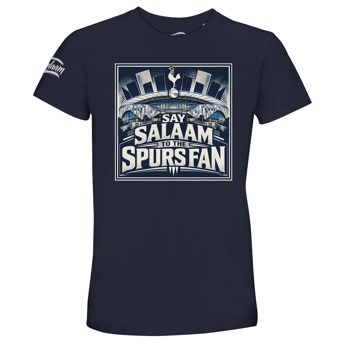 Say Salaam to the Spurs Fan, Design #2, on a French Navy 50% recycled unisex cotton T-shirt. The French Navy colour is also known as deep navy and ebony clay blue. Front-view mock-up showing the Say Salaam graphic printed on a short-sleeved crew-neck tee. For Tottenham Hotspur and Spurs fans. Casual graphic clothing for men and women, suitable for matchdays, weekends, modest streetwear and gifts. This photograph shows the French Navy garment and its front design.