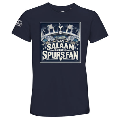 Say Salaam to the Spurs Fan, Design #2, on a French Navy 50% recycled unisex cotton T-shirt. The French Navy colour is also known as deep navy and ebony clay blue. Front-view mock-up showing the Say Salaam graphic printed on a short-sleeved crew-neck tee. For Tottenham Hotspur and Spurs fans. Casual graphic clothing for men and women, suitable for matchdays, weekends, modest streetwear and gifts. This photograph shows the French Navy garment and its front design.