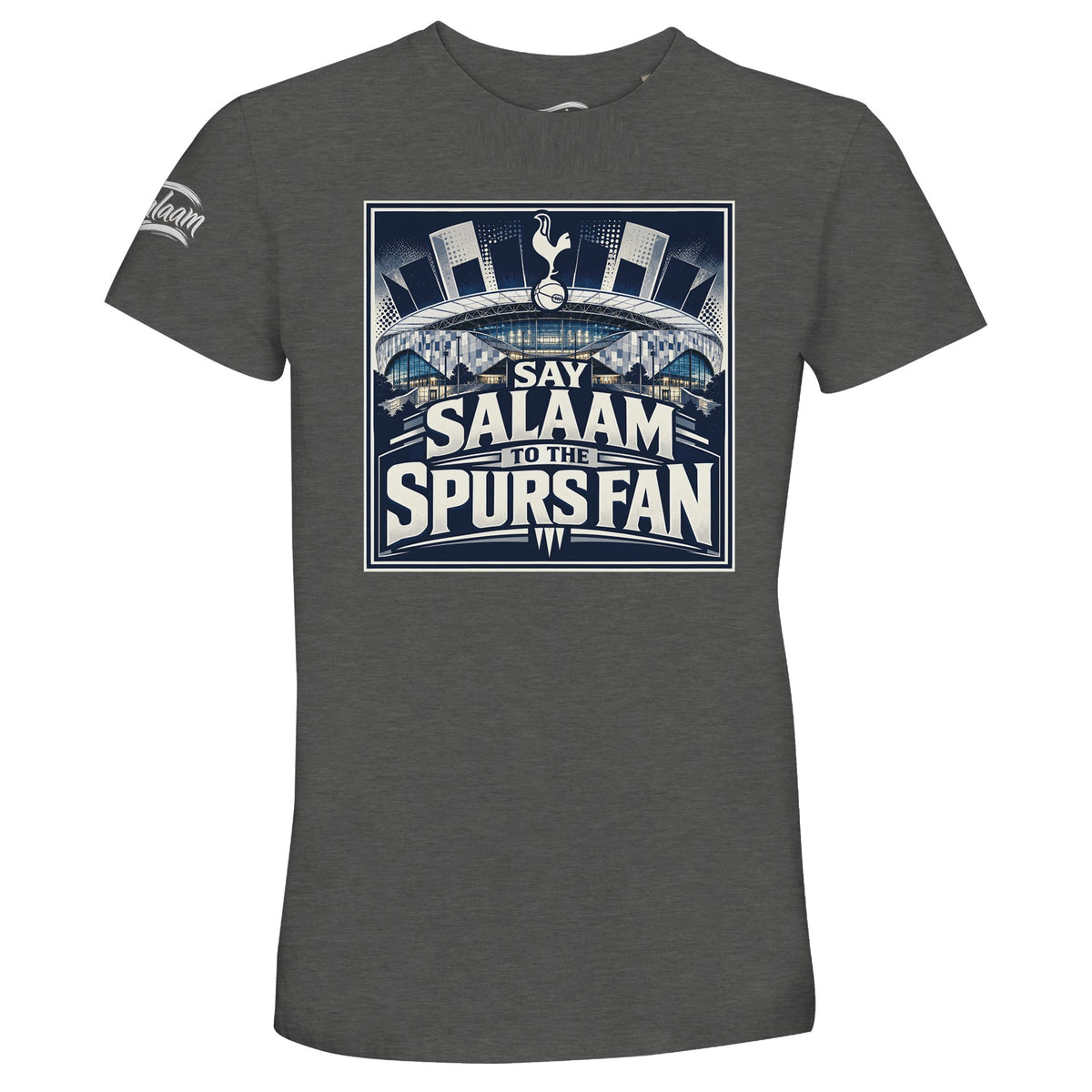 Say Salaam to the Spurs Fan, Design #2, on a Grey Melange 50% recycled unisex cotton T-shirt. The Grey Melange colour is also known as heather grey, marl and athletic grey. Front-view mock-up showing the Say Salaam graphic printed on a short-sleeved crew-neck tee. For Tottenham Hotspur and Spurs fans. Casual graphic clothing for men and women, suitable for matchdays, weekends, modest streetwear and gifts. This photograph shows the Grey Melange garment and its front design.