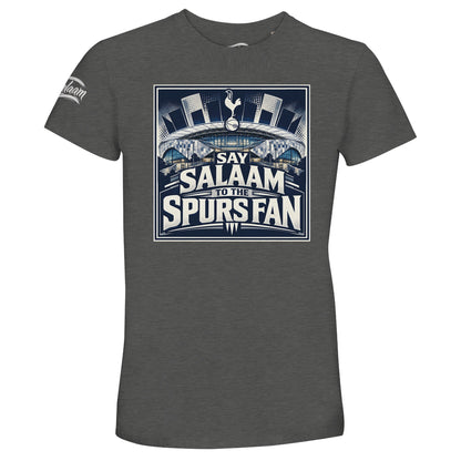Say Salaam to the Spurs Fan, Design #2, on a Grey Melange 50% recycled unisex cotton T-shirt. The Grey Melange colour is also known as heather grey, marl and athletic grey. Front-view mock-up showing the Say Salaam graphic printed on a short-sleeved crew-neck tee. For Tottenham Hotspur and Spurs fans. Casual graphic clothing for men and women, suitable for matchdays, weekends, modest streetwear and gifts. This photograph shows the Grey Melange garment and its front design.