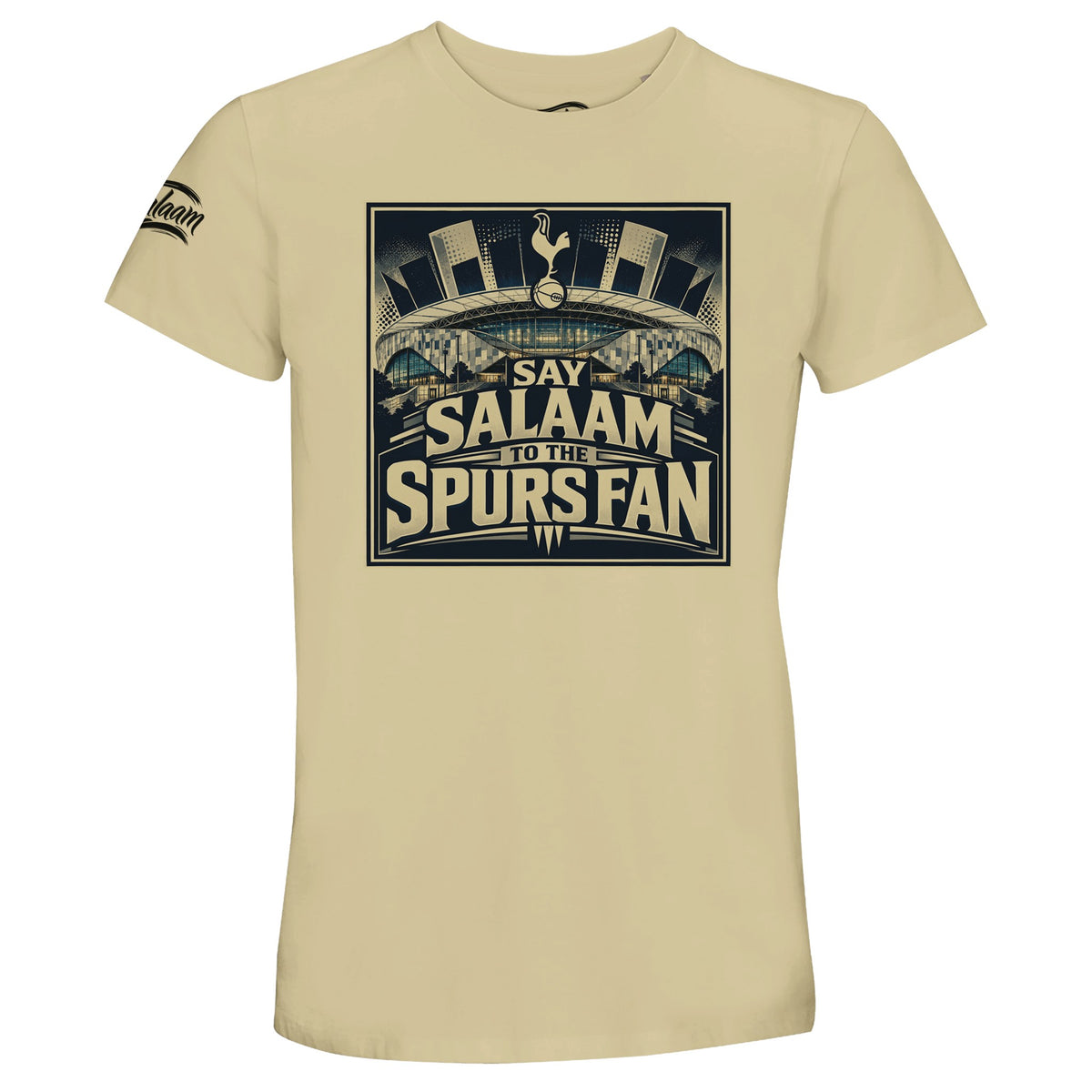 Say Salaam to the Spurs Fan, Design #2, on a Natural 50% recycled unisex cotton T-shirt. The Natural shade is also described as warm beige, oatmeal, off-white, cream and satin linen. Front-view mock-up showing the Say Salaam fan graphic printed on a short-sleeved crew-neck tee. For Tottenham Hotspur FC and Spurs fans. Casual unisex graphic clothing for men and women, modest Muslim streetwear, everyday fashion and themed presents. Suitable for weekends, matchdays, birthdays and Eid gifts.