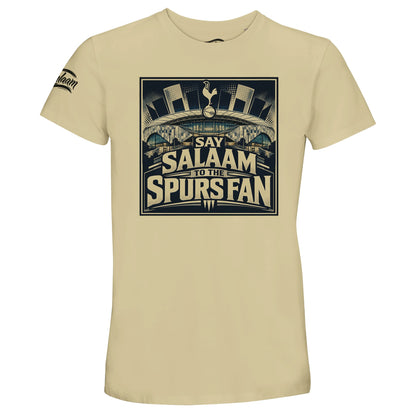 Say Salaam to the Spurs Fan, Design #2, on a Natural 50% recycled unisex cotton T-shirt. The Natural shade is also described as warm beige, oatmeal, off-white, cream and satin linen. Front-view mock-up showing the Say Salaam fan graphic printed on a short-sleeved crew-neck tee. For Tottenham Hotspur FC and Spurs fans. Casual unisex graphic clothing for men and women, modest Muslim streetwear, everyday fashion and themed presents. Suitable for weekends, matchdays, birthdays and Eid gifts.