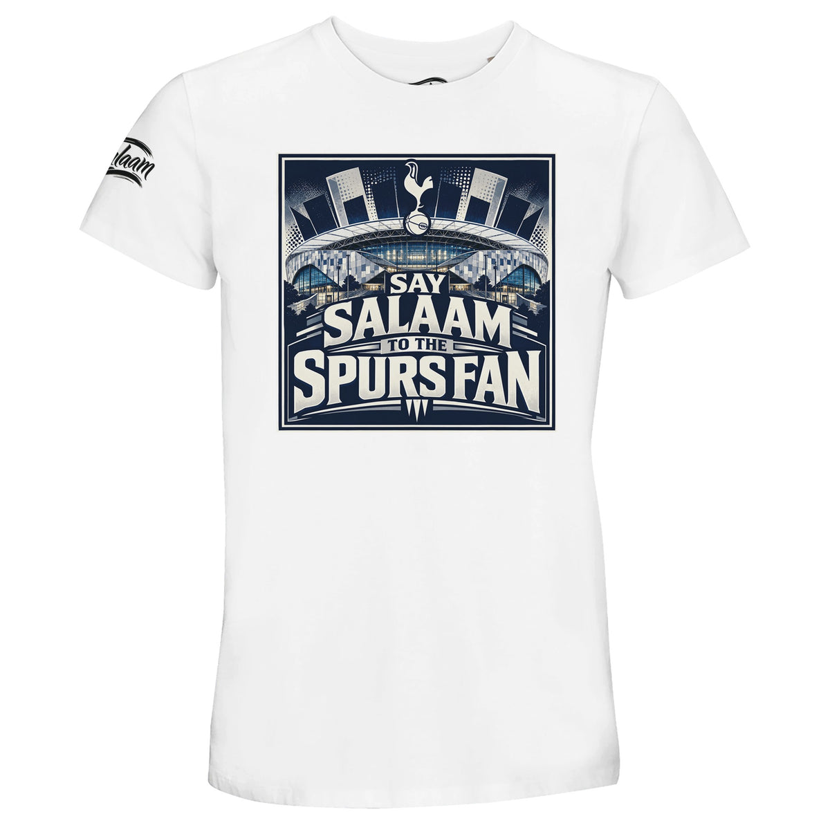 Say Salaam to the Spurs Fan, Design #2, on a White 50% recycled unisex cotton T-shirt. The White colour is also known as platinum white and bright neutral white. Front-view mock-up showing the Say Salaam graphic printed on a short-sleeved crew-neck tee. For Tottenham Hotspur and Spurs fans. Casual graphic clothing for men and women, suitable for matchdays, weekends, modest streetwear and gifts. This photograph shows the White garment and its front design.