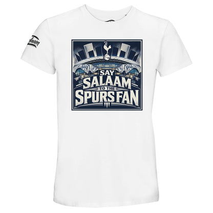 Say Salaam to the Spurs Fan, Design #2, on a White 50% recycled unisex cotton T-shirt. The White colour is also known as platinum white and bright neutral white. Front-view mock-up showing the Say Salaam graphic printed on a short-sleeved crew-neck tee. For Tottenham Hotspur and Spurs fans. Casual graphic clothing for men and women, suitable for matchdays, weekends, modest streetwear and gifts. This photograph shows the White garment and its front design.