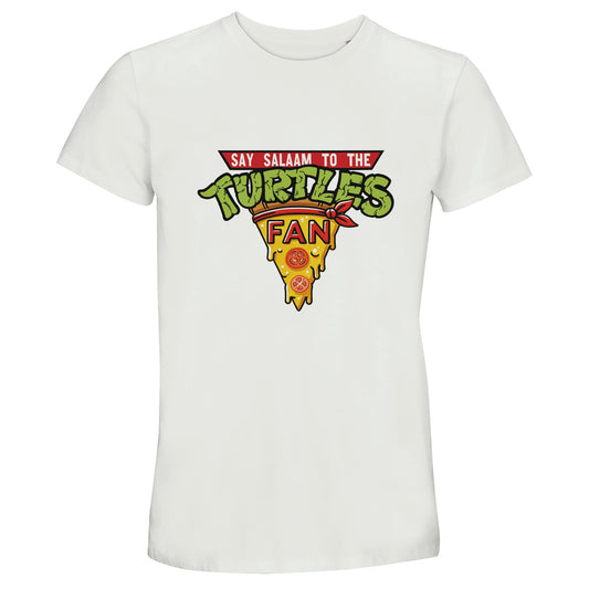 Say Salaam to the Turtles Fan Pizza Design #1 50% Recycled Unisex Cotton T-Shirt – White / Platinum with green TMNT text and dripping cheese pizza artwork. A Nickelodeon Teenage Mutant Ninja Turtles movie essential for fans of Leonardo’s calm, Donatello’s brains, Raphael’s fire and Michelangelo’s humour. Not the Primark TMNT Pizza Hut shirt — this modest, unisex tee is low priced, soft and durable, perfect for turtle fans rewatching 90s cartoons or hunting rare TMNT collectibles.