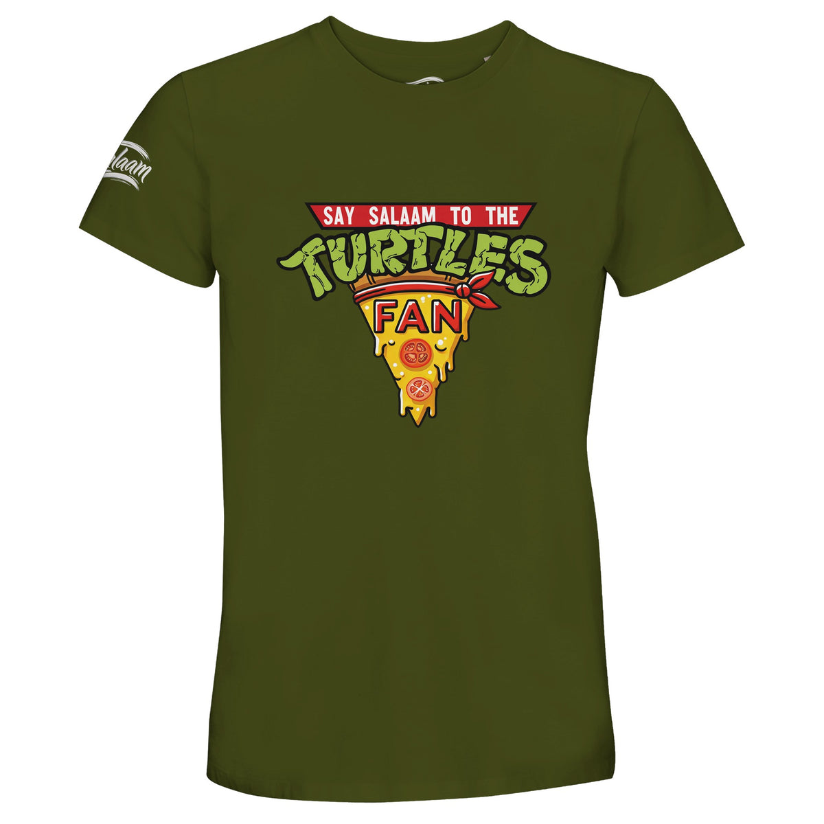 Say Salaam to the Turtles Fan Pizza, Design #1, on an Army 50% recycled unisex cotton T-shirt. The Army colour is also known as olive green and earthy fuscous grey. Front-view mock-up showing the Say Salaam graphic printed on a short-sleeved crew-neck tee. For pizza and cartoon fans. Casual graphic clothing for men and women, suitable for matchdays, weekends, modest streetwear and gifts. This photograph shows the Army garment and its front design.
