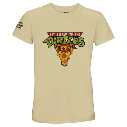 Say Salaam to the Turtles Fan Pizza, Design #1, on a Natural 50% recycled unisex cotton T-shirt. The Natural colour is also known as warm beige, off-white, oatmeal and satin linen. Front-view mock-up showing the Say Salaam graphic printed on a short-sleeved crew-neck tee. For pizza and cartoon fans. Casual graphic clothing for men and women, suitable for matchdays, weekends, modest streetwear and gifts. This photograph shows the Natural garment and its front design.
