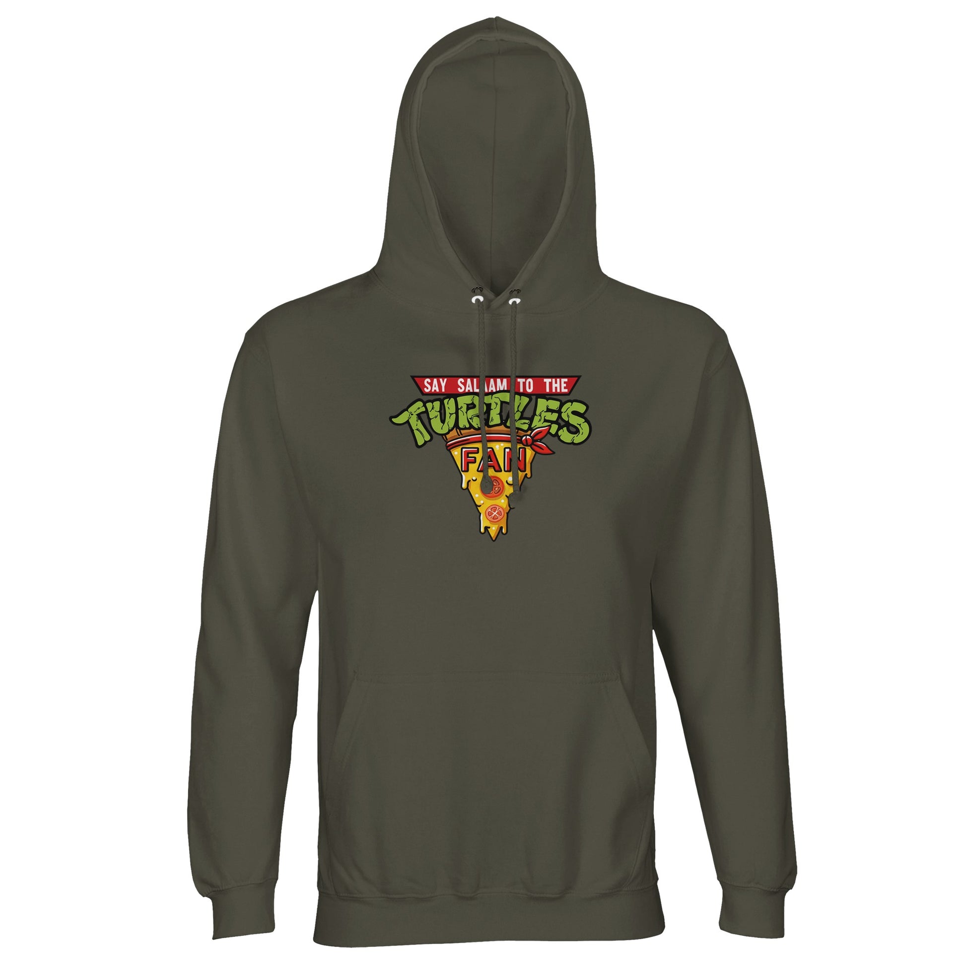 Say Salaam to the Turtles Fan Pizza Design #1 Part-Recycled Cotton-Poly Hoodie – Army / Fuscous Grey featuring the Green Team “best pizza” slice crest in vivid colours. A nostalgic men’s hooded top or unisex pullover made sustainably. For Shellbacks fans who know the IDW Teenage Mutant Ninja Turtles’ names (and Splinter) and love modest Nickelodeon comic-themed fashion. Not the Primark TMNT Pizza Hut hoodie – this is graphic Sewer Squad apparel for cartoon, costume and casual streetwear lovers worldwide.
