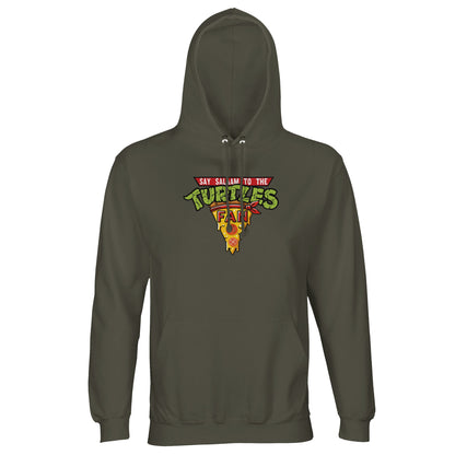 Say Salaam to the Turtles Fan Pizza Design #1 Part-Recycled Cotton-Poly Hoodie – Army / Fuscous Grey featuring the Green Team “best pizza” slice crest in vivid colours. A nostalgic men’s hooded top or unisex pullover made sustainably. For Shellbacks fans who know the IDW Teenage Mutant Ninja Turtles’ names (and Splinter) and love modest Nickelodeon comic-themed fashion. Not the Primark TMNT Pizza Hut hoodie – this is graphic Sewer Squad apparel for cartoon, costume and casual streetwear lovers worldwide.