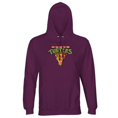 Say Salaam to the Turtles Fan Pizza Design #1 Part-Recycled Cotton-Poly Hoodie – Astral Purple / Wine Berry featuring the “best pizza” slice crest in bold throwback tones. Made from GRS-certified brushed fleece, this IDW Ninja Turtle hooded top suits modest cartoon streetwear fans who know the names, love the comics, and cherish 90s Nickelodeon nostalgia. Not the Primark TMNT Pizza Hut hoodie – this is graphic costume-style clothing for NYC Sewer Squad fans of mutant team fashion with colour and comfort.