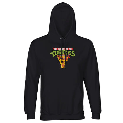 Say Salaam to the Turtles Fan Pizza Design #1 Part-Recycled Cotton-Poly Hoodie – Black / Jet featuring bold TMNT apparel colours and the iconic “best pizza” slice crest. Made for fans who know the Teenage Mutant Ninja Turtles’ names and what they do on Nickelodeon. A graphic hoodie, brushed fleece, modest Ninja Turtle apparel with sustainable cotton-poly fabric. Not the Primark TMNT Pizza Hut hoodie – this is men’s costume-inspired streetwear made for Turtle heads who love comfort and character.